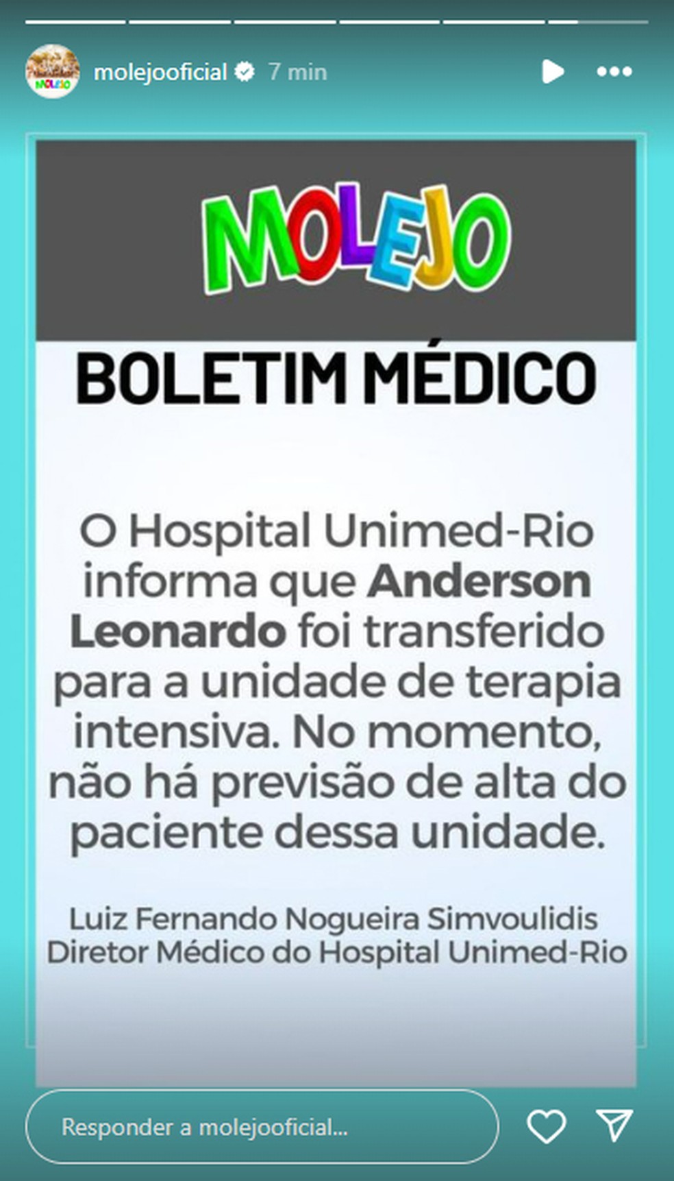 Grupo Molejo divulgou boletim informando que Anderson Leonardo, vocalista do grupo, foi transferido para a UTI — Foto: Reprodução/ Redes sociais