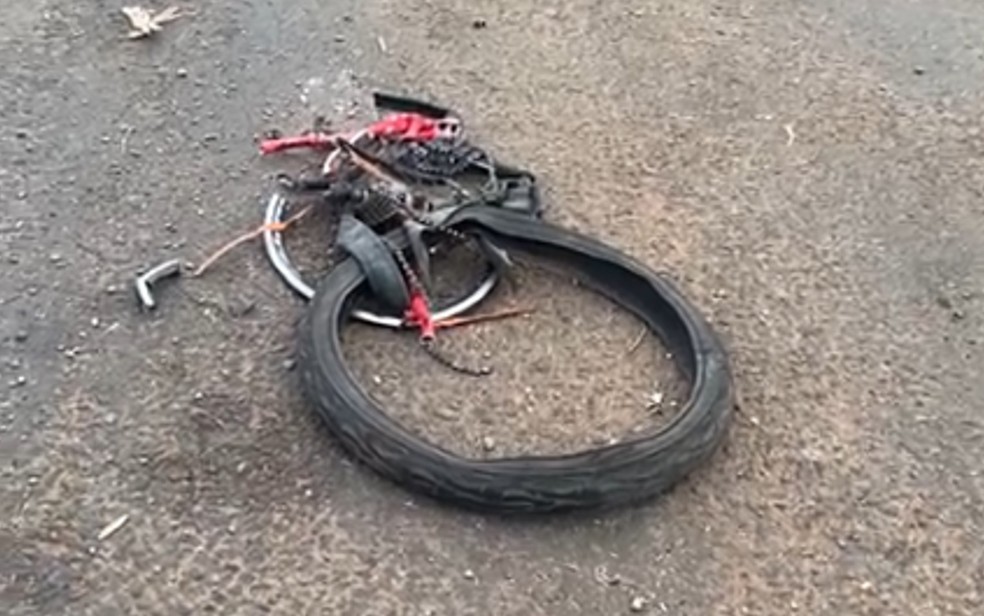 Roda da bicicleta da estudante Bianca Dias Bezerra, de 17 anos, que morreu após ser atropelada por um caminhão na GO-156, em Anicuns, Goiás — Foto: Reprodução/Redes Sociais