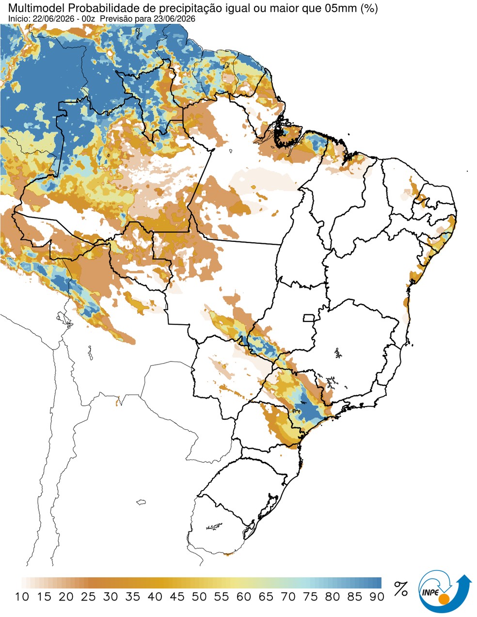 Previsão de chuva nesta terça em todo o país. — Foto: CPTEC/Inpe