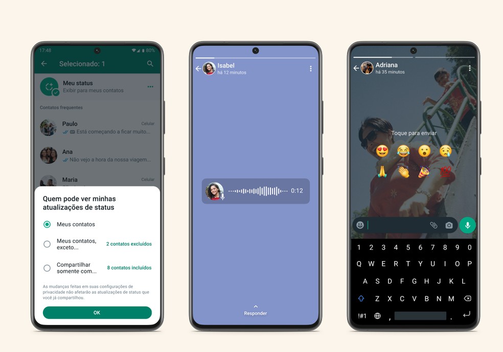 'Status' do WhatsApp ganha áudio, reações com emojis e recurso de privacidade — Foto: Divulgação/WhatsApp