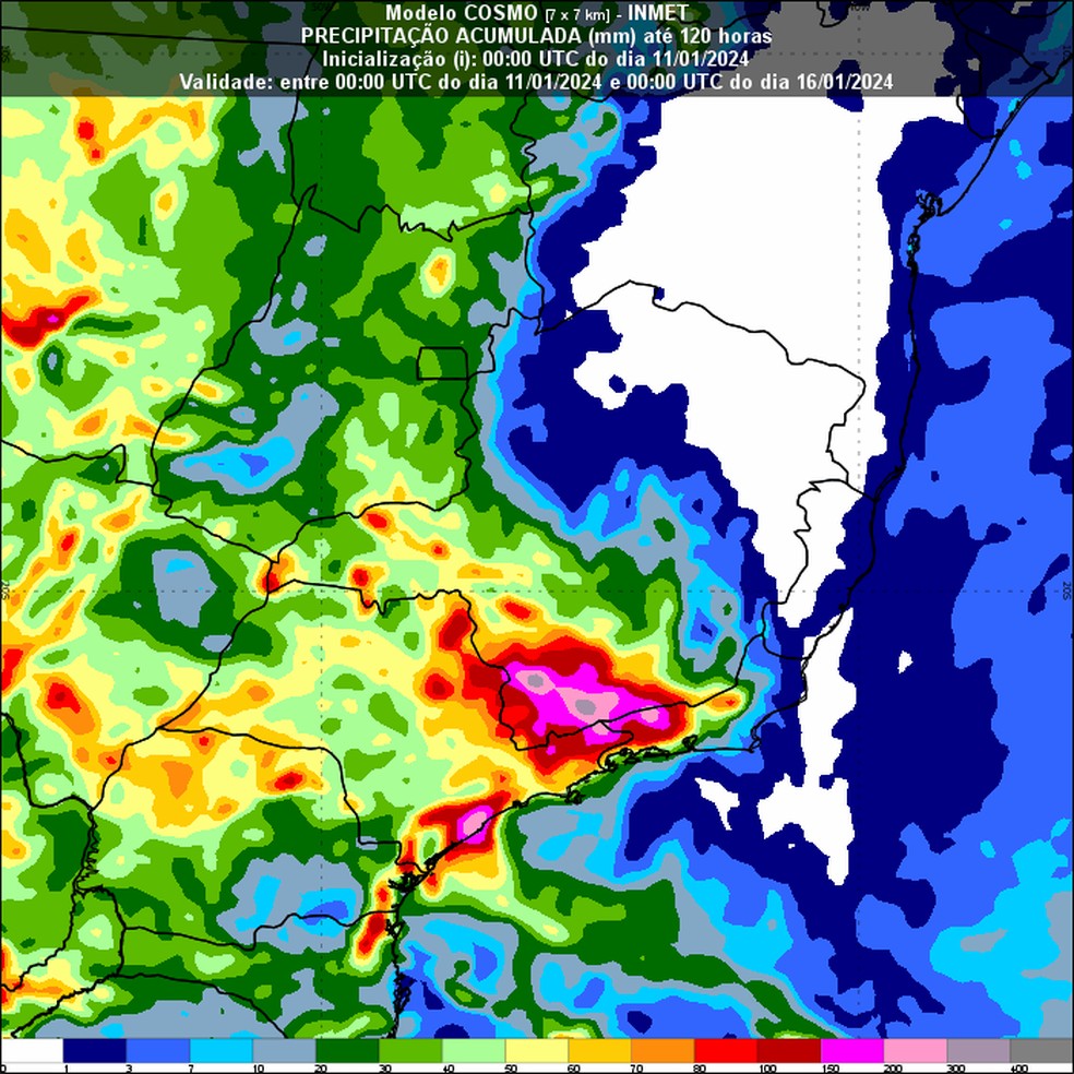 Mapa de chuva acumulada para 5 dias  at as 21h (horrio de Braslia) do dia 15/01.  Foto: Inmet