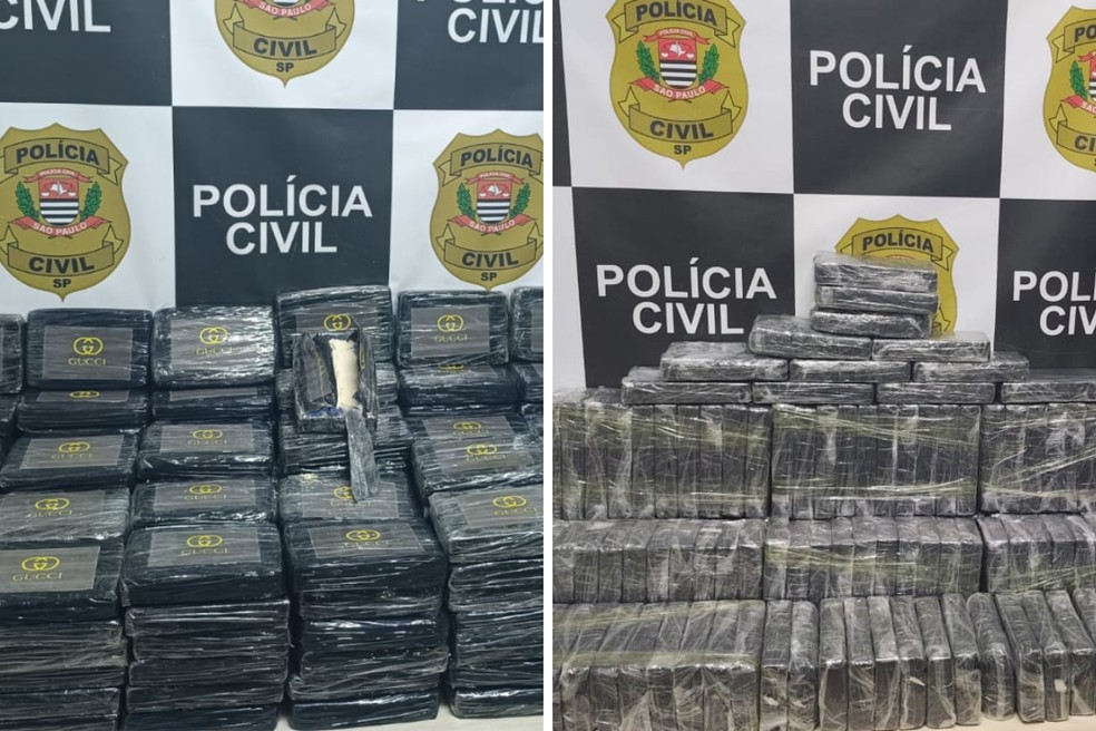 À esquerda, a apreensão de drogas em Campinas, em abril; à direita, as drogas encontradas em Paulínia — Foto: Polícia Civil