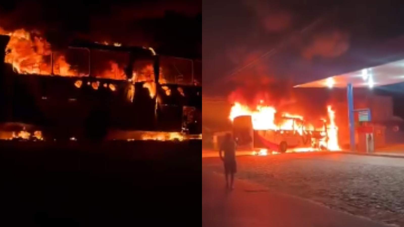 Vídeo: ônibus de viagem pega fogo e fica destruído próximo a posto de combustíveis no Norte do Piauí