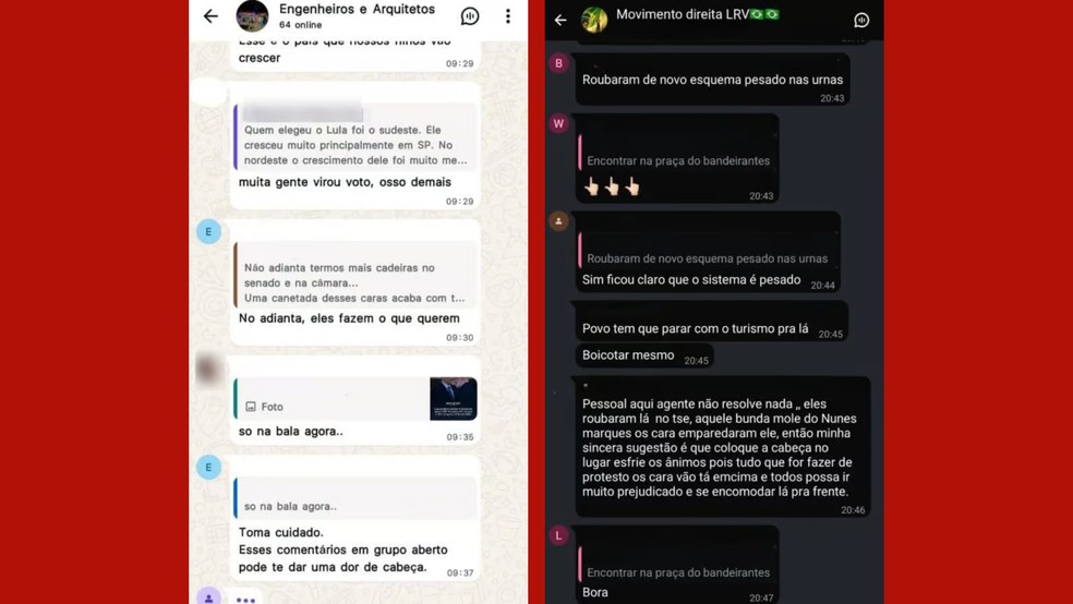 Capturas de tela atribuídas aos grupos “Engenheiros e Arquitetos” e “Movimento Direita LRV” mostram mensagens que incentivavam boicote a apoiadores da esquerda. — Foto: Reprodução