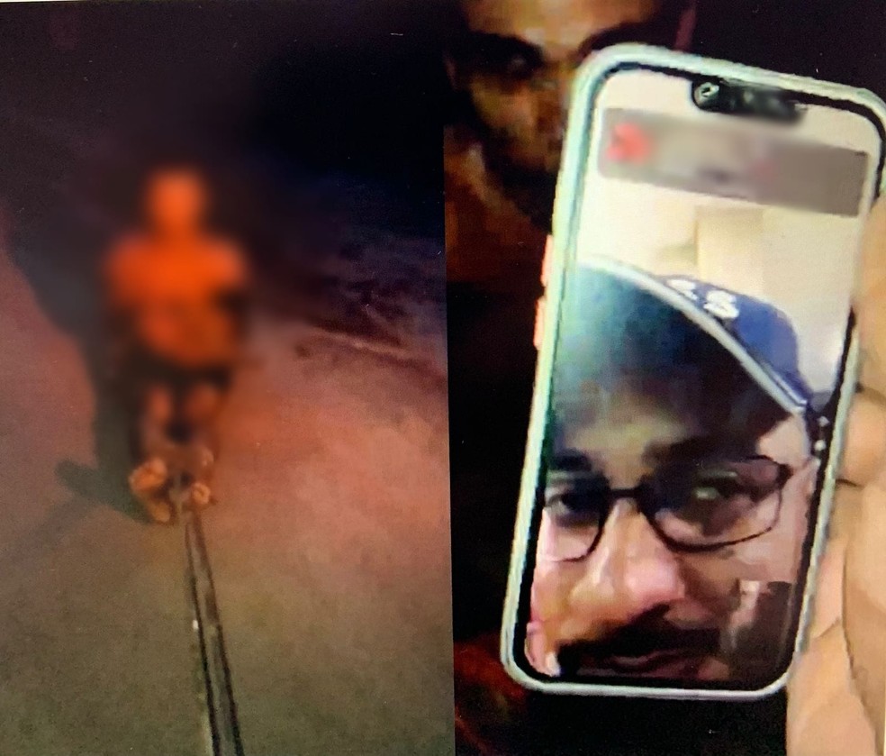 O criminoso Gadernal transmite por videochamada a tortura a um homem arrastado pelas ruas da comunidade — Foto: Reprodução