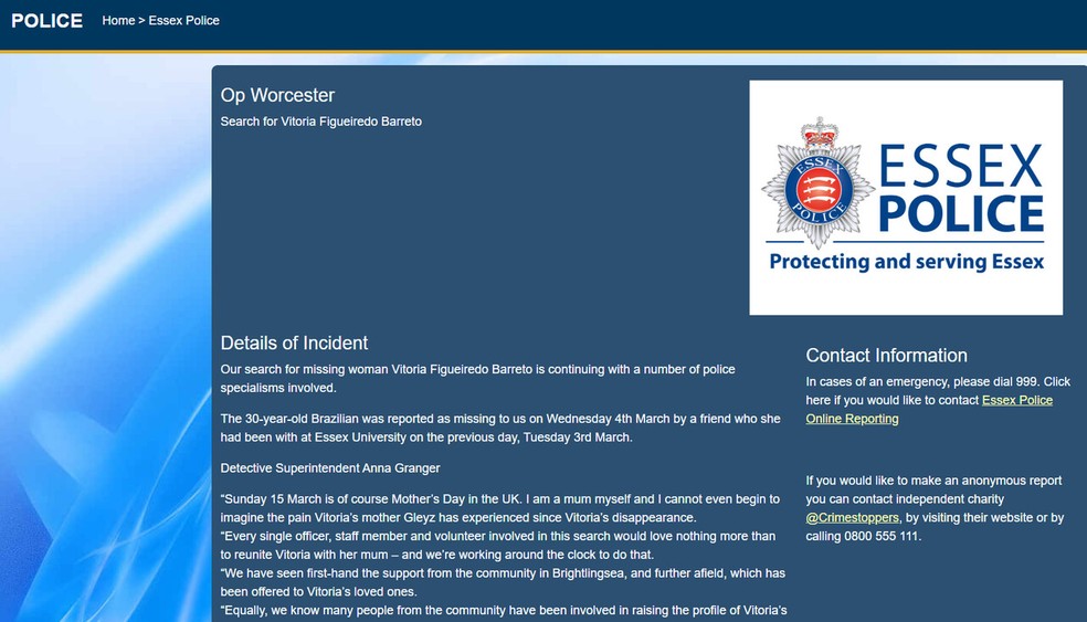 Site da Polícia da Inglaterra para quem possui informações sobre Vitória.  — Foto: Reprodução