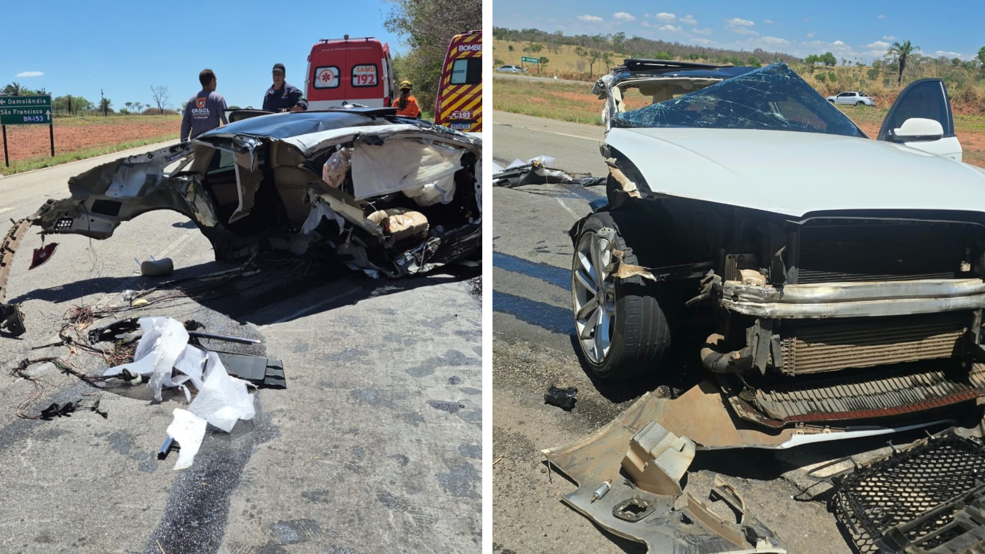 Grave acidente na GO-080 deixa carro partido ao meio e passageiro morto após colisão com carreta