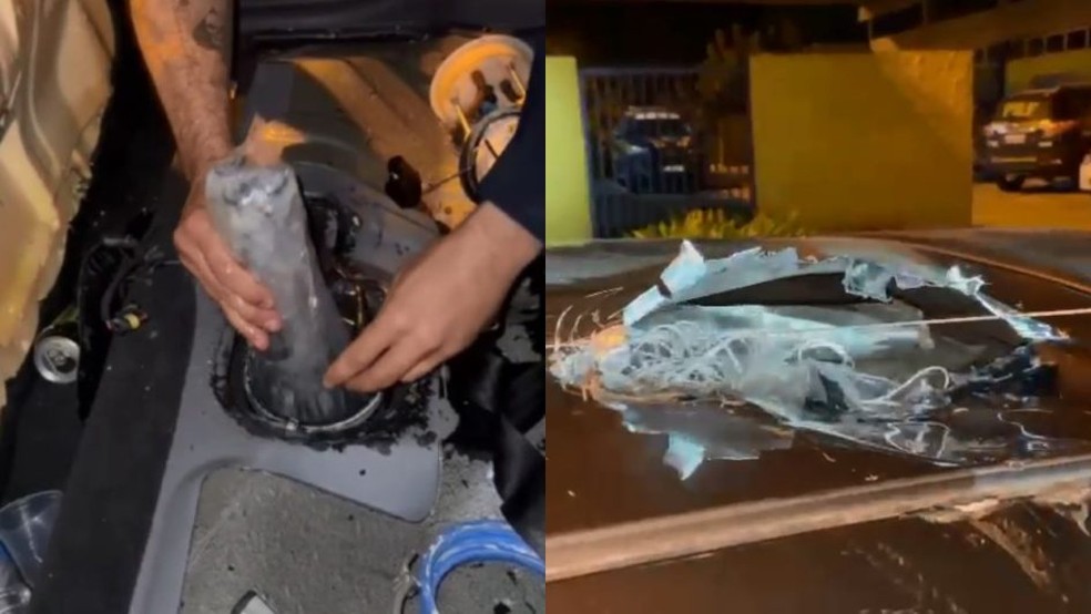 Armas estavam escondidas no tanque de combustível e no teto do carro — Foto: PRF/ Divulgação