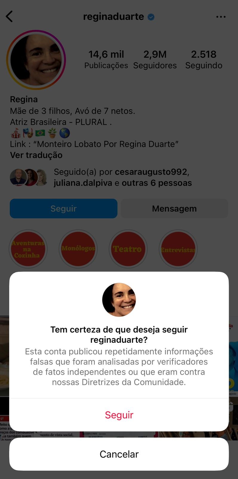 Regina Duarte recebe punição do Instagram por publicar informações falsas