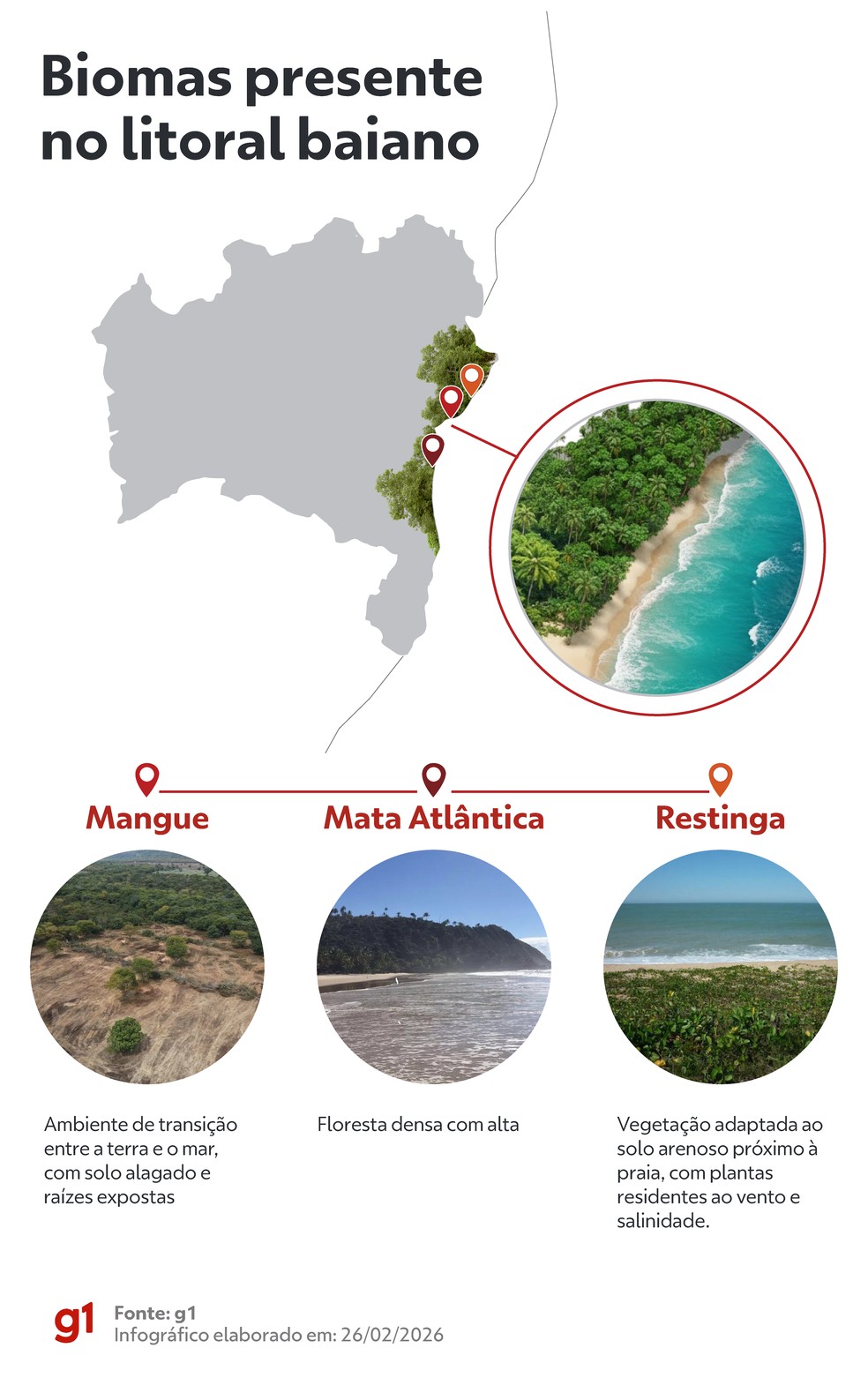 Mapa mostra os biomas presentes no litoral baiano — Foto: Arte g1