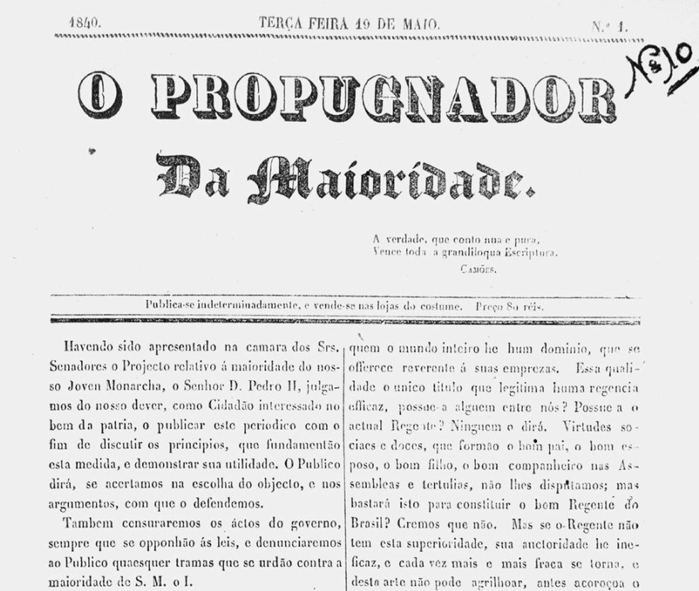 Jornal "O Propugnador da Maioridade", que defendia a coroação antecipada. — Foto: Reprodução/Biblioteca Nacional