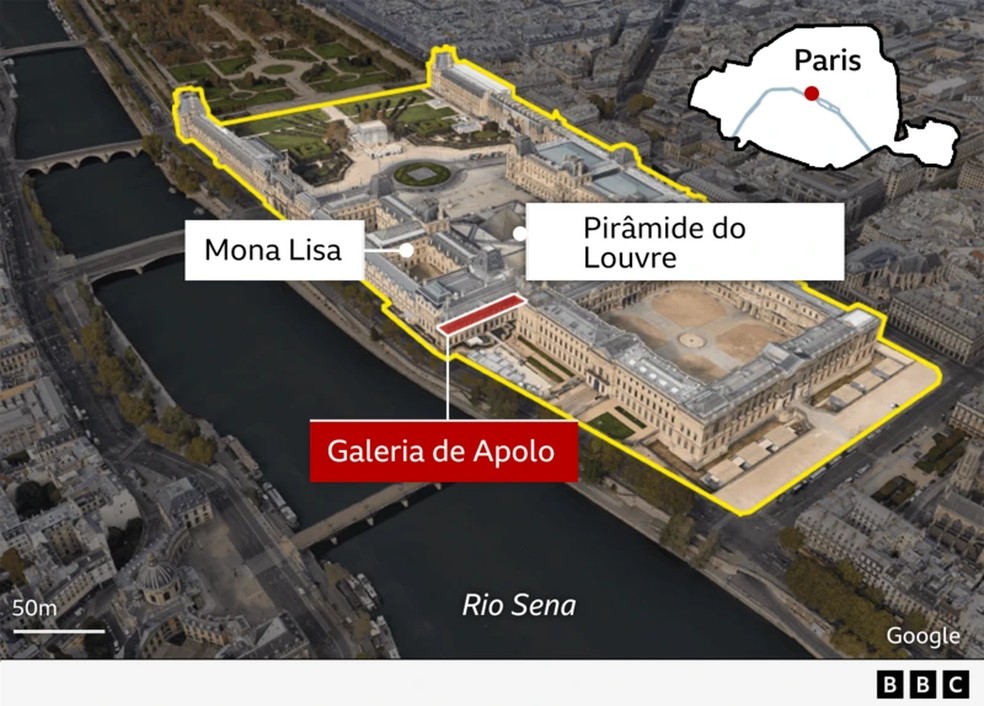 Mapa mostra o Museu do Louvre — Foto: BBC
