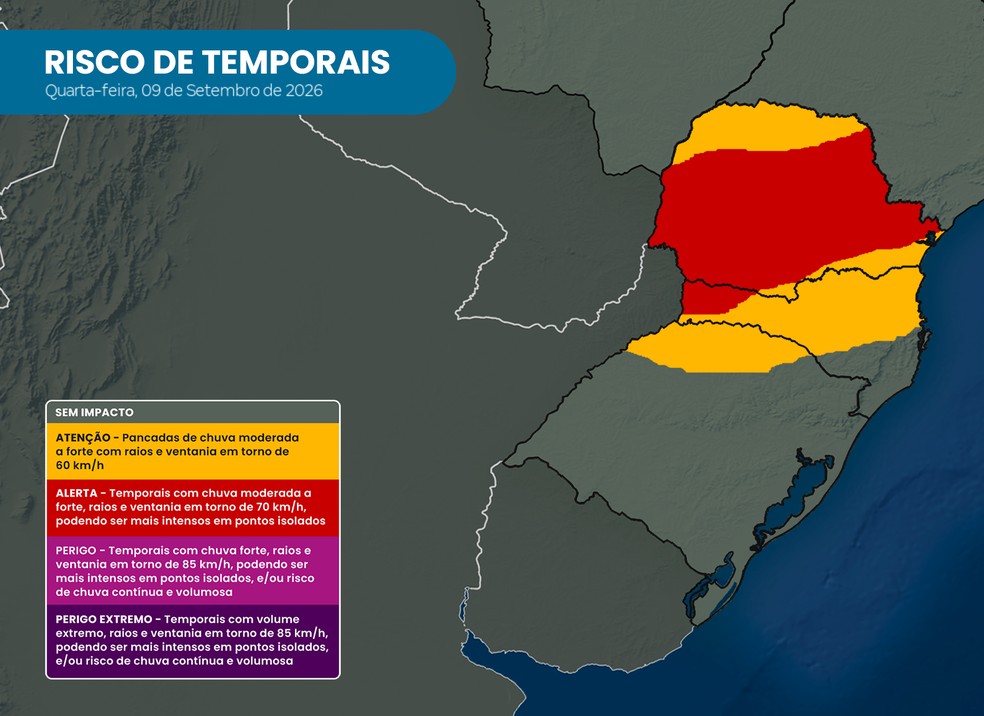 Risco de temporais, segundo a Climatempo — Foto: Climatempo