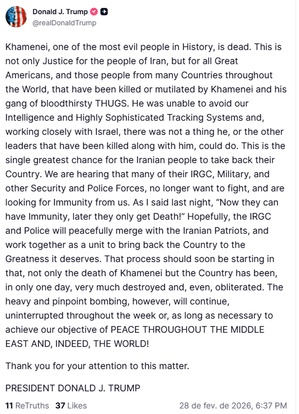 O presidente Donald Trump confirma a morte de Ali Khamenei &mdash; Foto: Reprodu&ccedil;&atilde;o