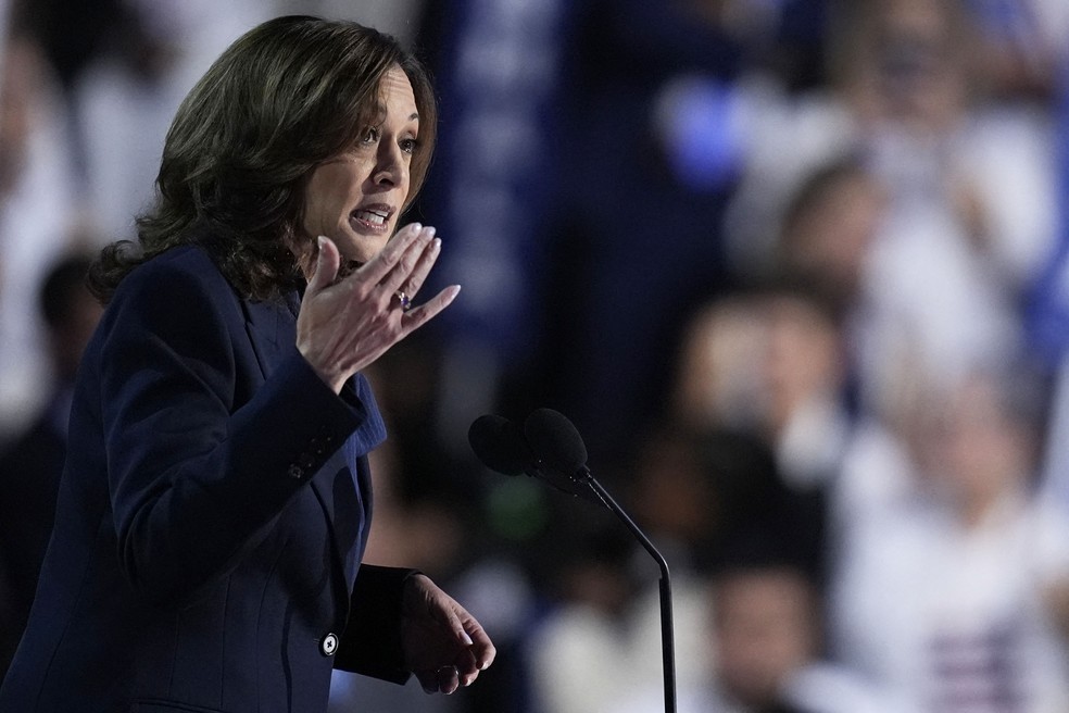 Kamala discursa como candidata à presidência dos EUA — Foto: Elizabeth Frantz/Reuters