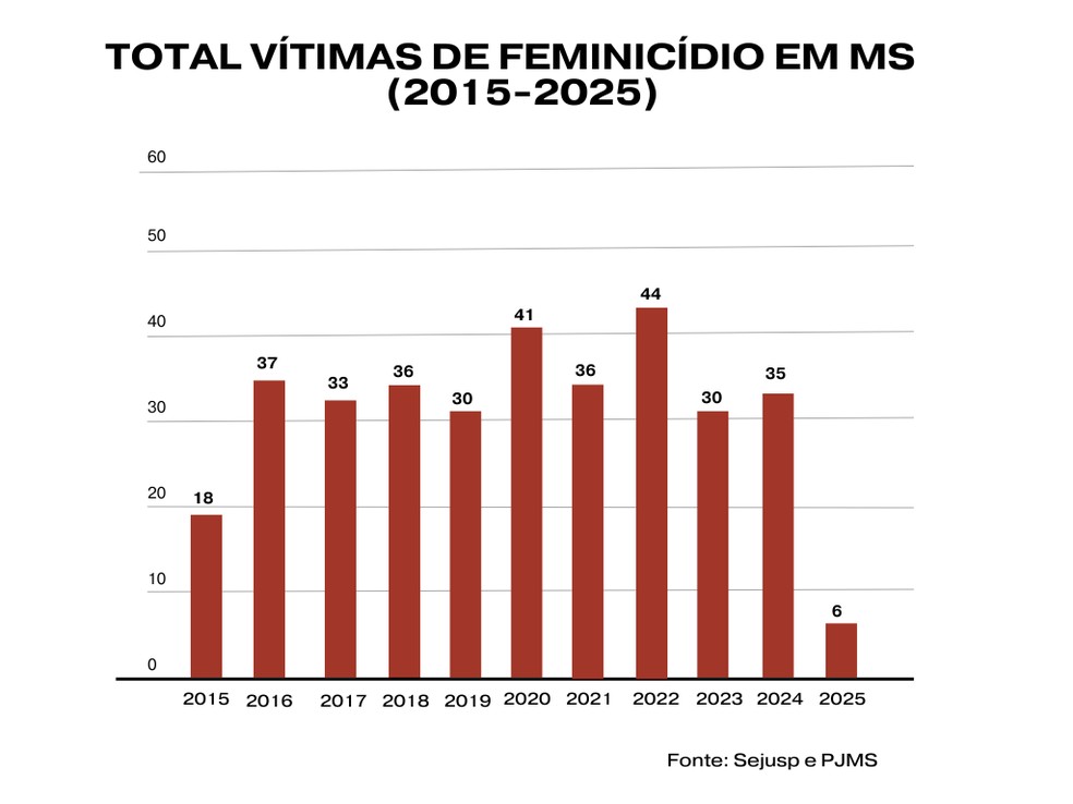 Gráfico mostra casos de feminicídio em MS entre 2015 e 2025. — Foto: g1 MS