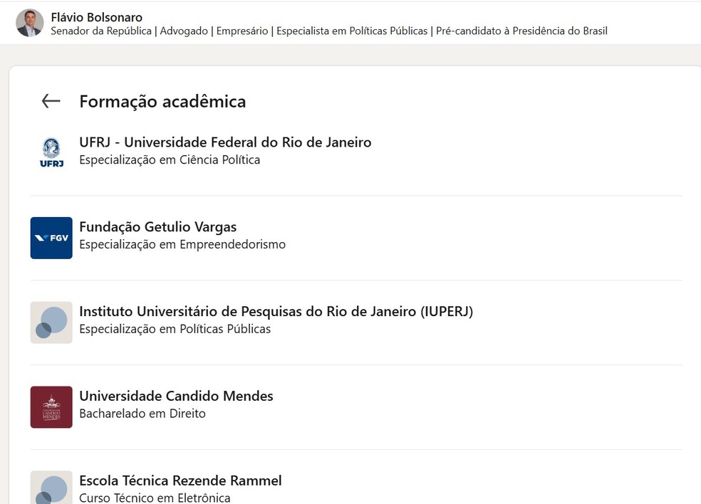 Página do senador Flávio Bolsonaro (PL) no Linkedin. — Foto: Reprodução