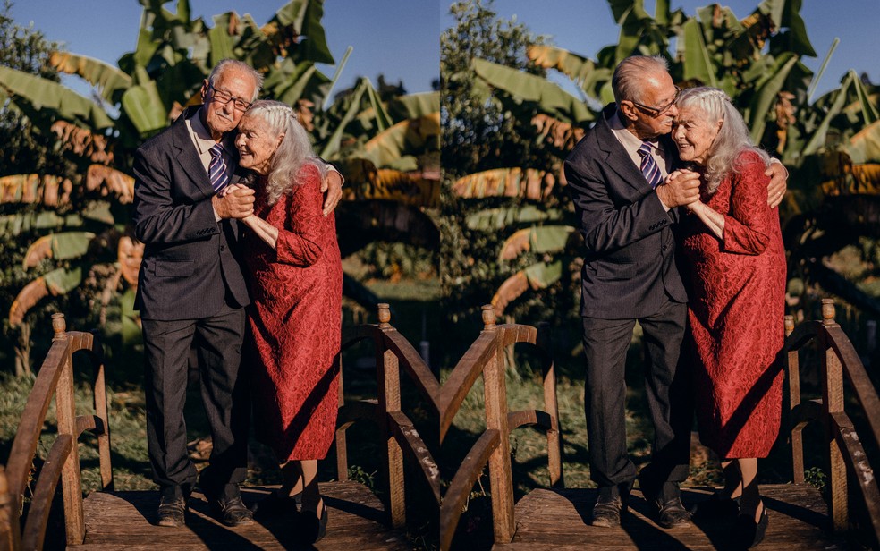 Cuidado e carinho entre Augusto e Ana continua o mesmo após 73 anos de vida juntos — Foto: Bruna Matos