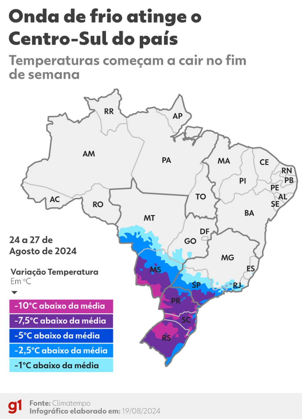 Onda de frio atinge o país a partir do fim de semana — Foto: Arte/g1