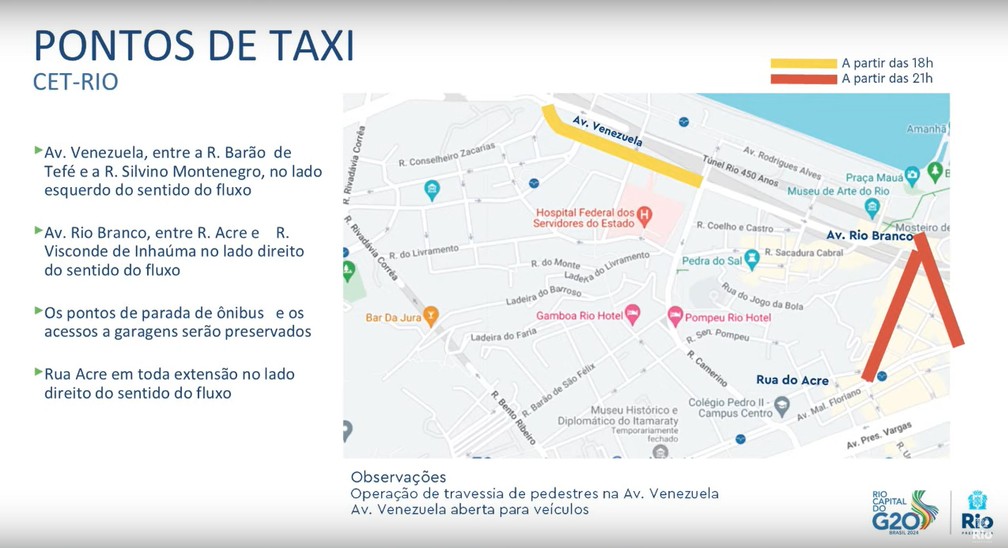Pontos de táxi na região do Complexo Mauá no período do G20. — Foto: Reprodução/ Centro de Operações Rio