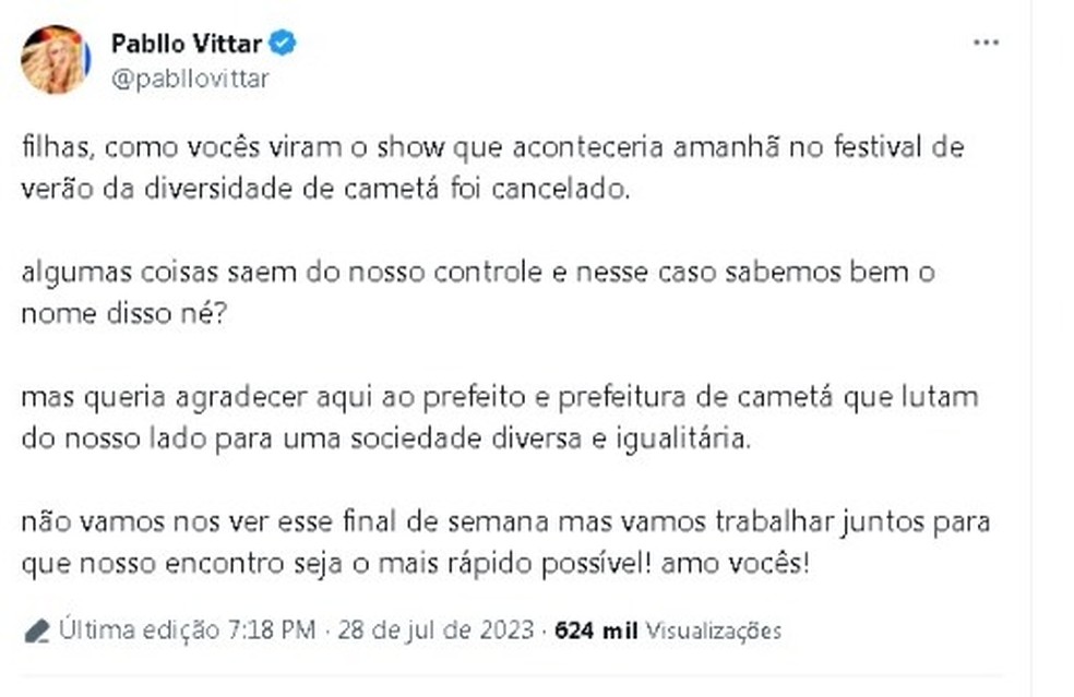 Cantora Pabllo Vittar se pronuncia sobre cancelamento de festival no Pará. — Foto: Reprodução/Redes sociais