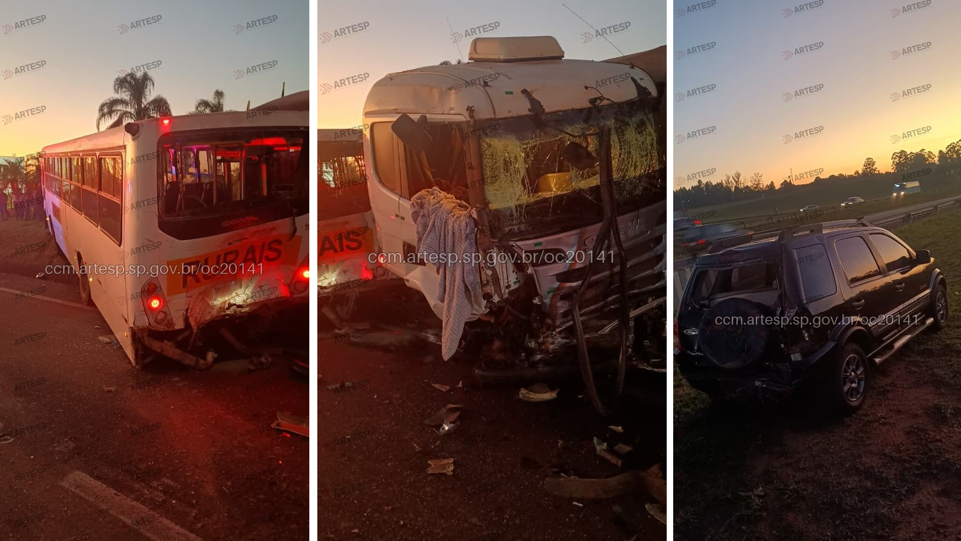 Engavetamento entre carreta, ônibus e automóvel deixa quatro feridos na SP-300
