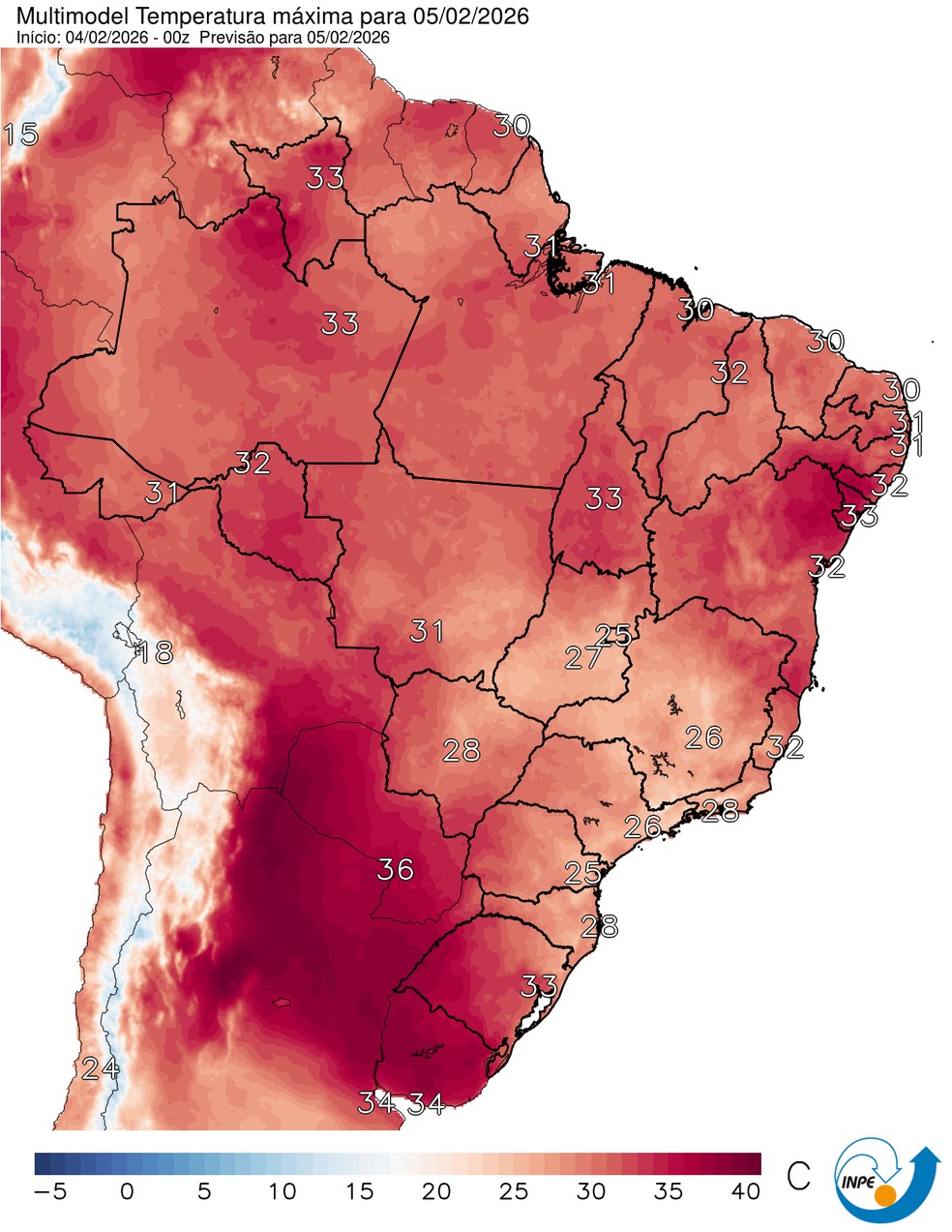 Mapa mostra previsão de temperatura máxima para esta quinta (5). — Foto: CPTEC/Inpe