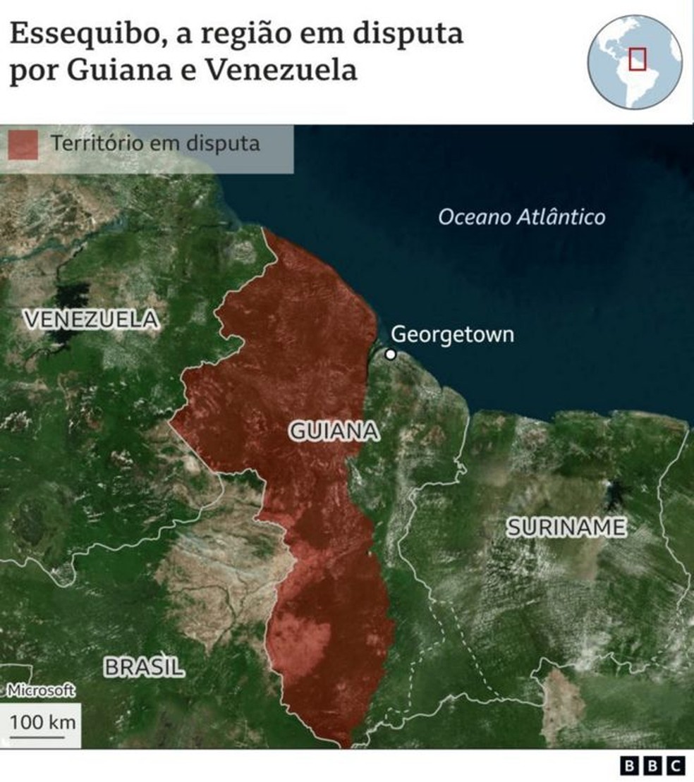 Mapa mostra território em disputa pela Venezuela e Guiana — Foto: BBC