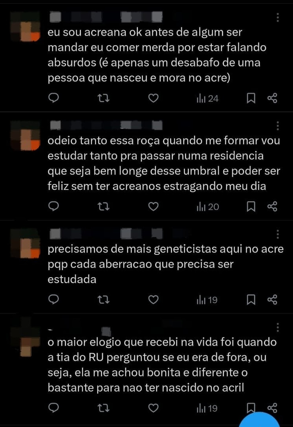 Postagens de estudante de medicina da Ufac causaram revolta nas redes sociais nessa quarta-feira (9) — Foto: Reprodução/X