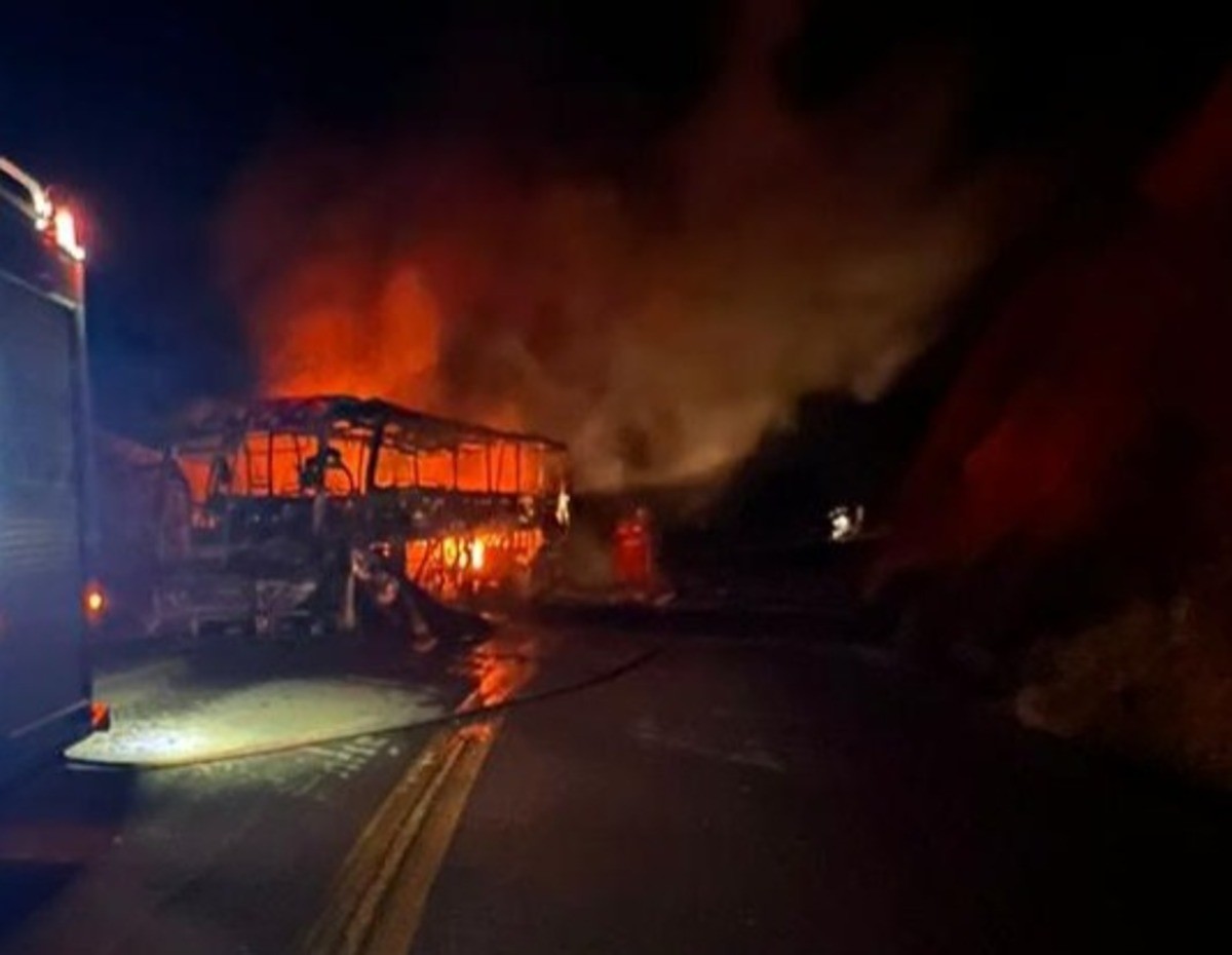 VÍDEO: Ônibus de turismo com quase 30 passageiros pega fogo na BR-356