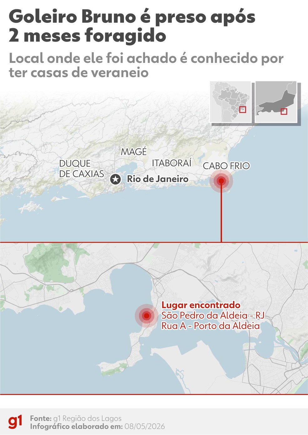 Local onde o goleiro Bruno Fernandes foi preso em São Pedro da Aldeia, na Região dos Lagos — Foto: Arte g1