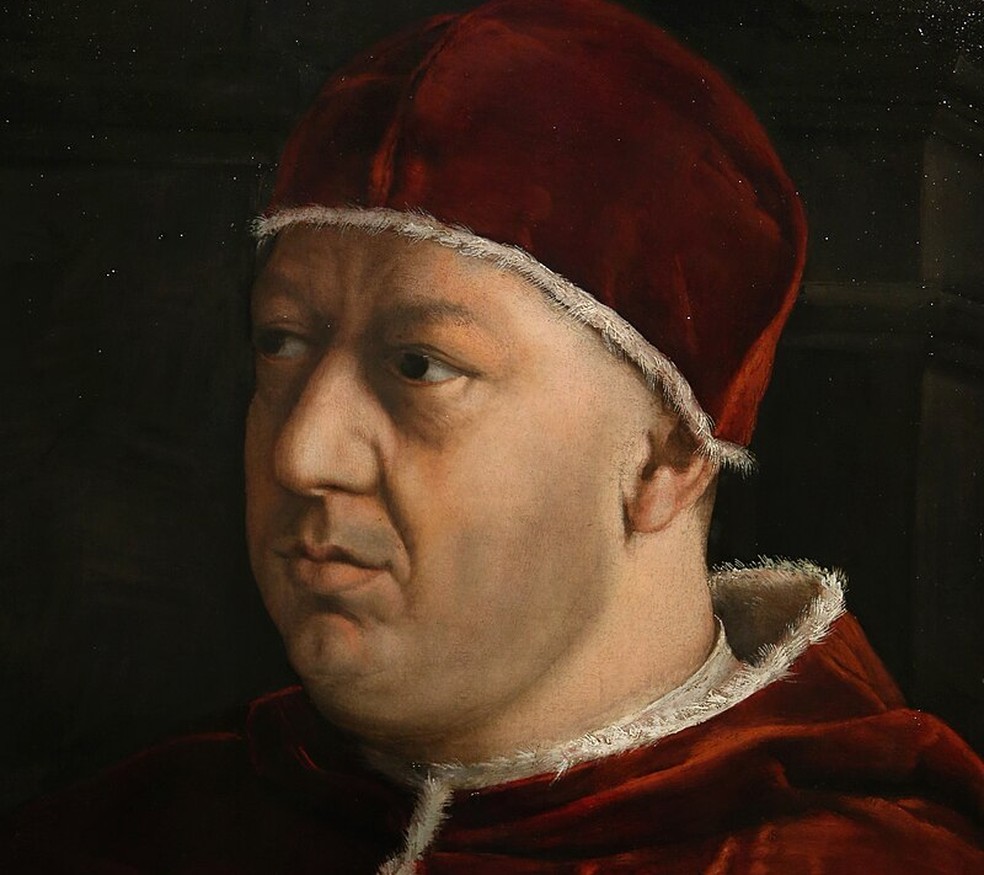 Detalhe do retrato do papa Leão X, pintado por Rafael Sanzio (1518-1520) — Foto: Reprodução