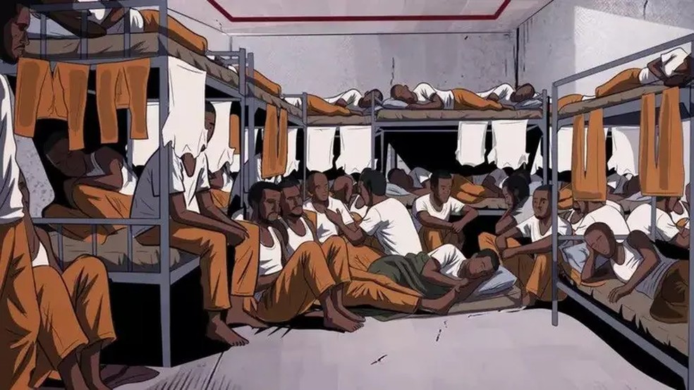 Um detento descreveu a prisão como superlotada, com muitas pessoas dormindo sob lençóis de plástico — Foto: BBC