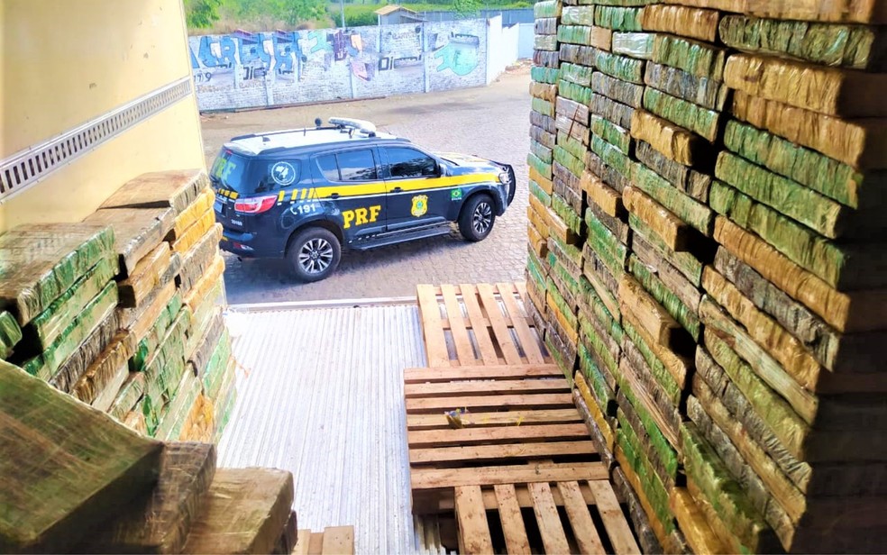 Mais de 2 toneladas de maconha são apreendidas em fundo falso de caminhão frigorífico na Bahia — Foto: Divulgação/PRF