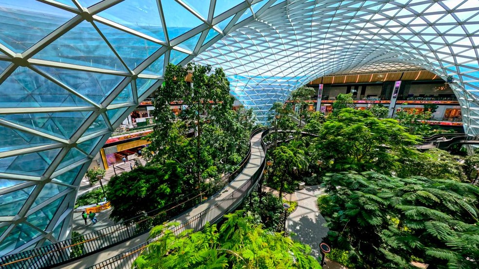 Localizado no centro do aeroporto Hamad, o espaço "Orchard" se estende por 6.000 metros quadrados incluindo um jardim tropical interno — Foto: Divulgação