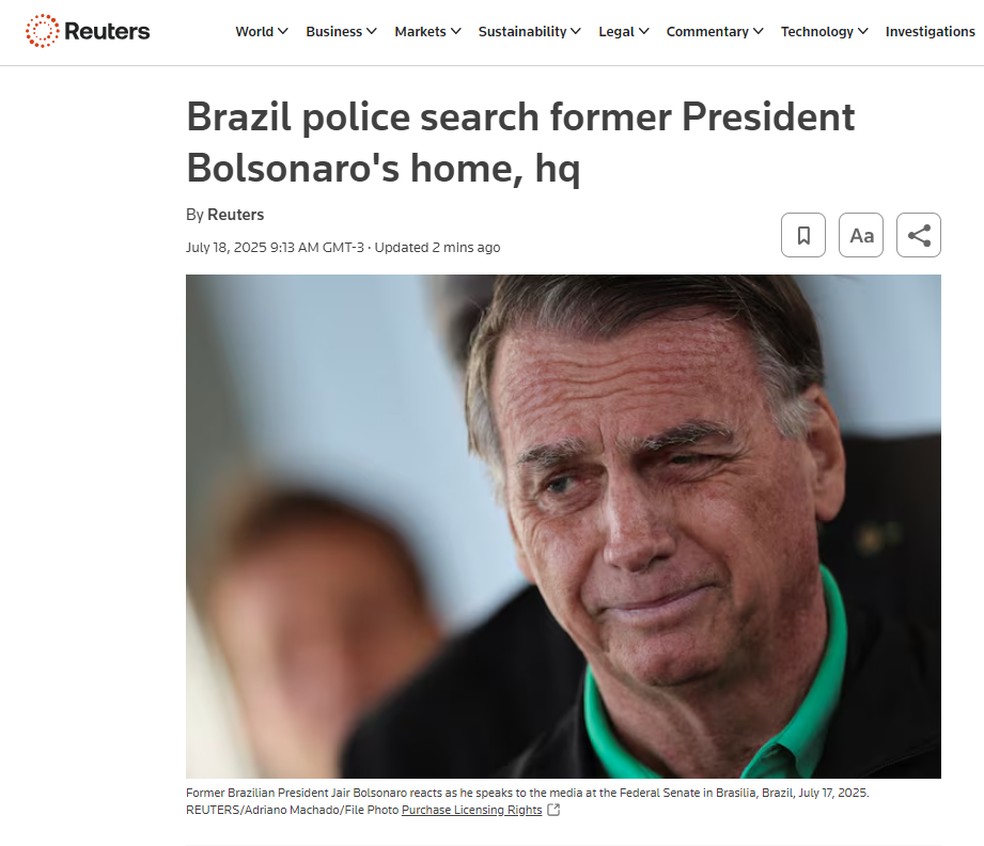 Reuters noticia operação contra Jair Bolsonaro — Foto: Reprodução