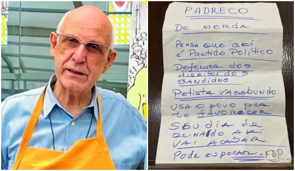 Padre Júlio Lancellotti, coordenador da Pastoral do Povo de Rua de São Paulo, recebeu bilhete com ameaça deixado na porta da paróquia. — Foto: Reprodução/EPTV e Instagram