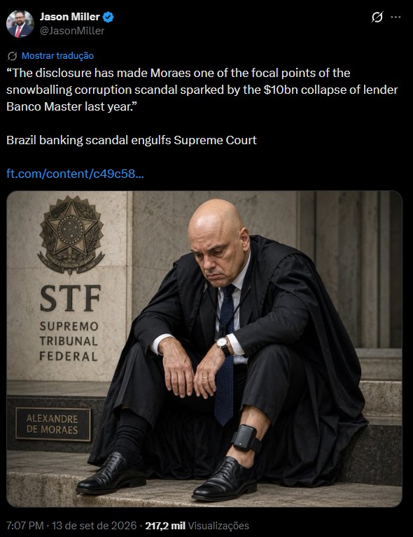 Aliado de Trump publica imagem de IA com Moraes usando tornozeleira eletrônica