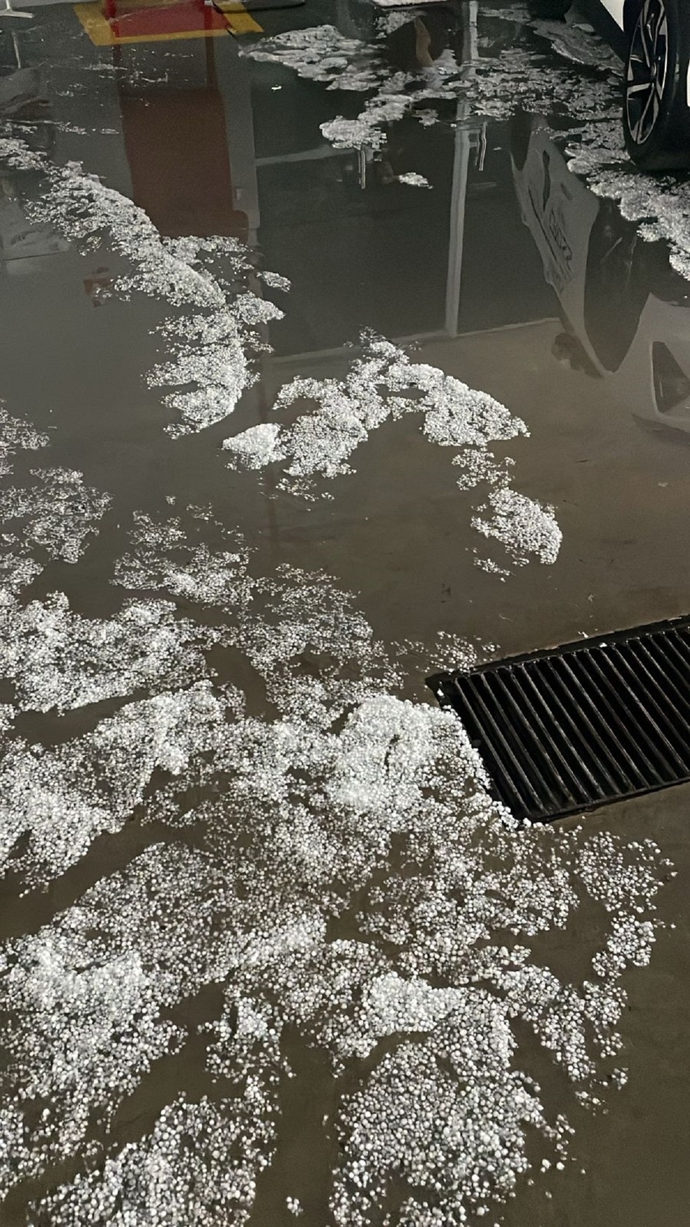 Temporal com granizo alagou garagem em Juiz de Fora — Foto: Redes Sociais/Reprodução 