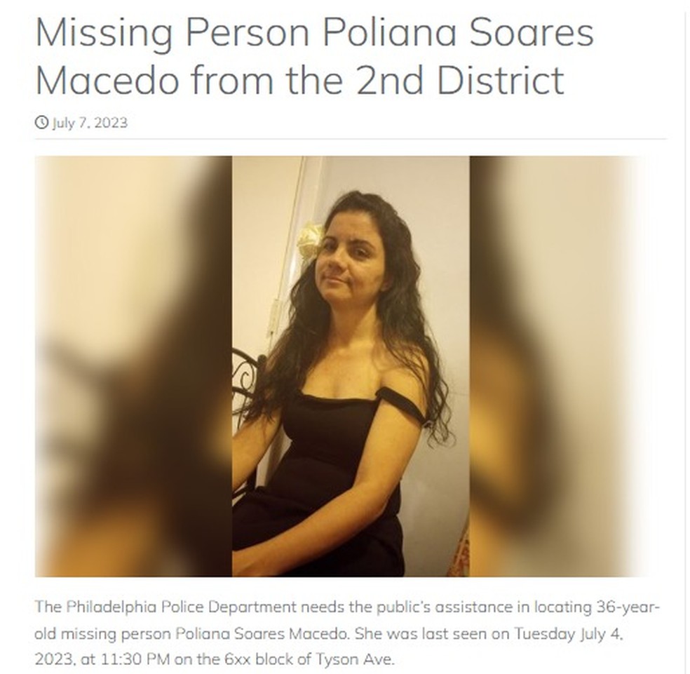 Departamento de Polícia da Filadélfia publicou o desaparecimento da brasileira — Foto: Reprodução
