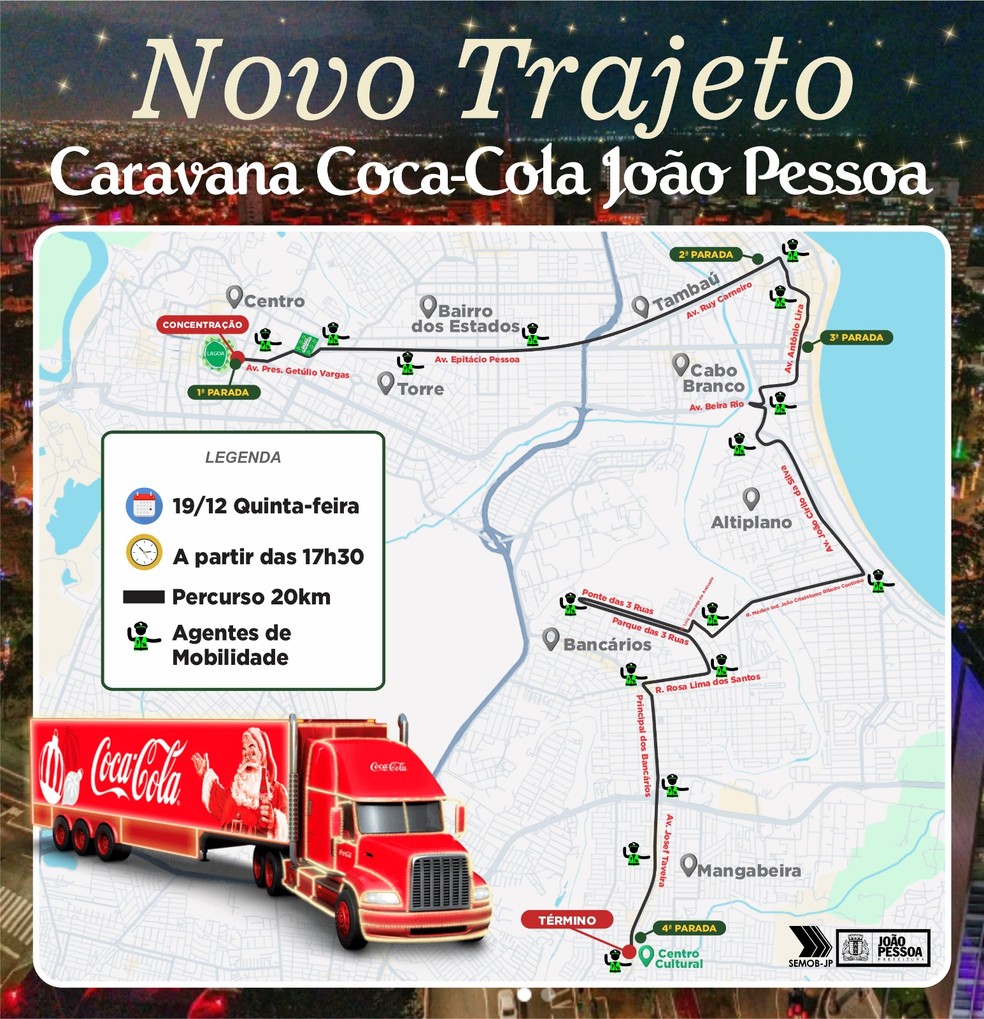 Percurso da caravana iluminada de Natal em João Pessoa — Foto: Reprodução/Semob-JP