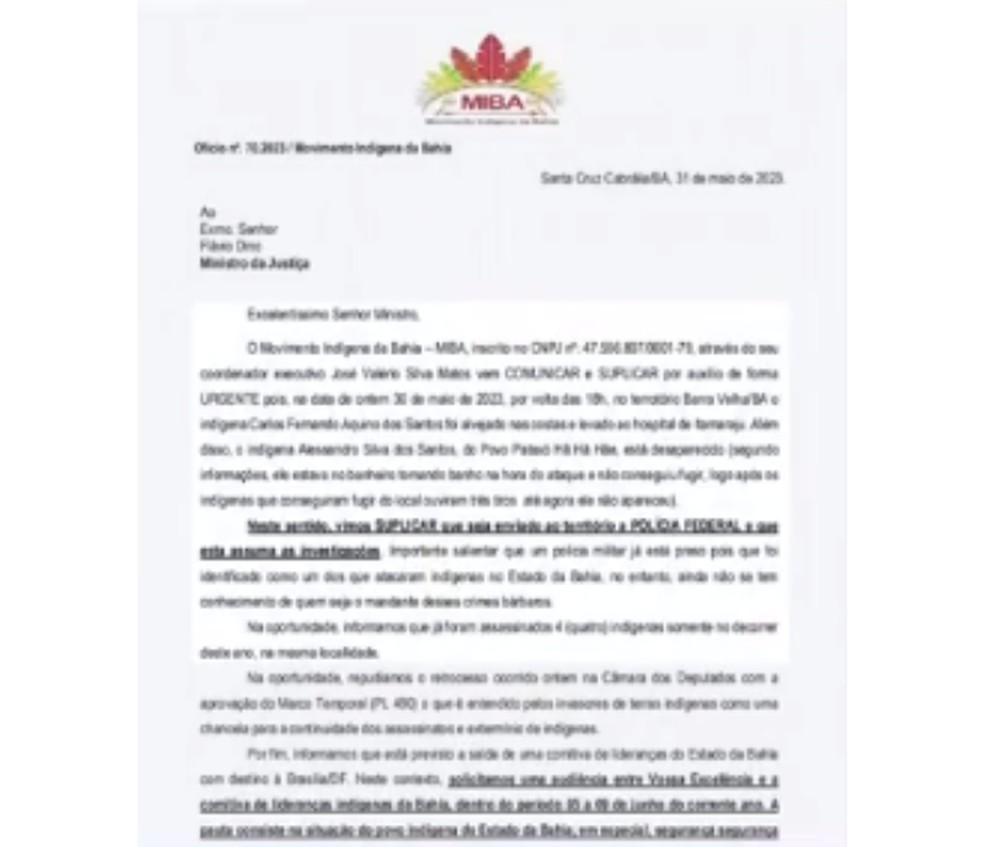 Carta foi enviada para ministro Flávio Dino — Foto: Reprodução TV Santa Cruz