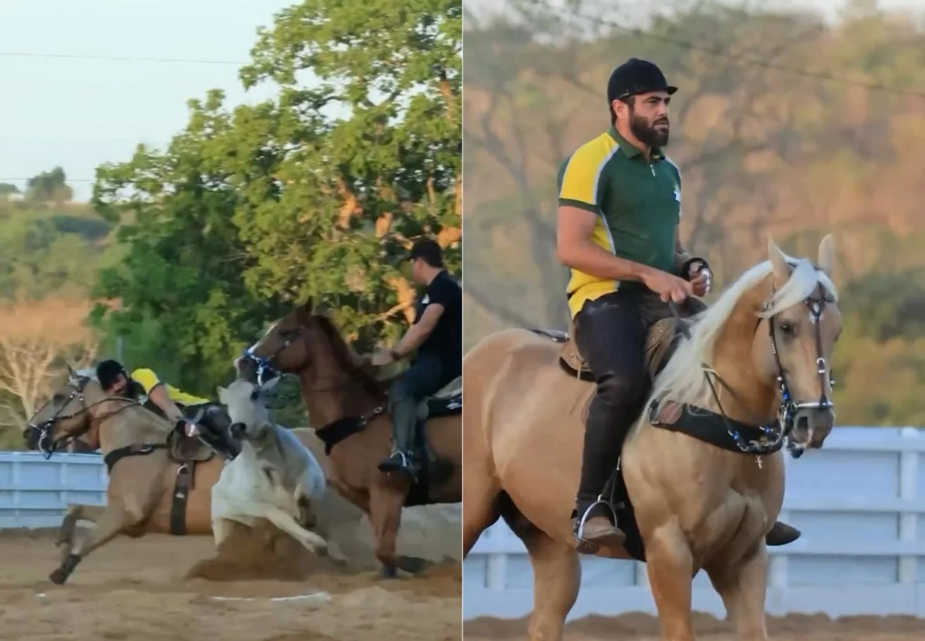 Henrique, da dupla com Juliano, aparece montado a cavalo em vaquejada no Tocantins horas antes de show em SP