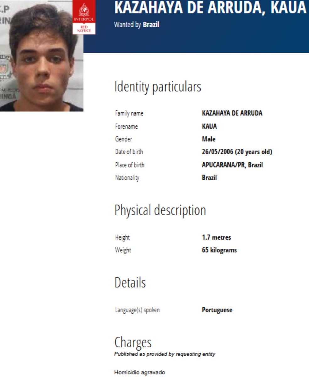 Página da Interpol com informações sobre Kauã. — Foto: Interpol
