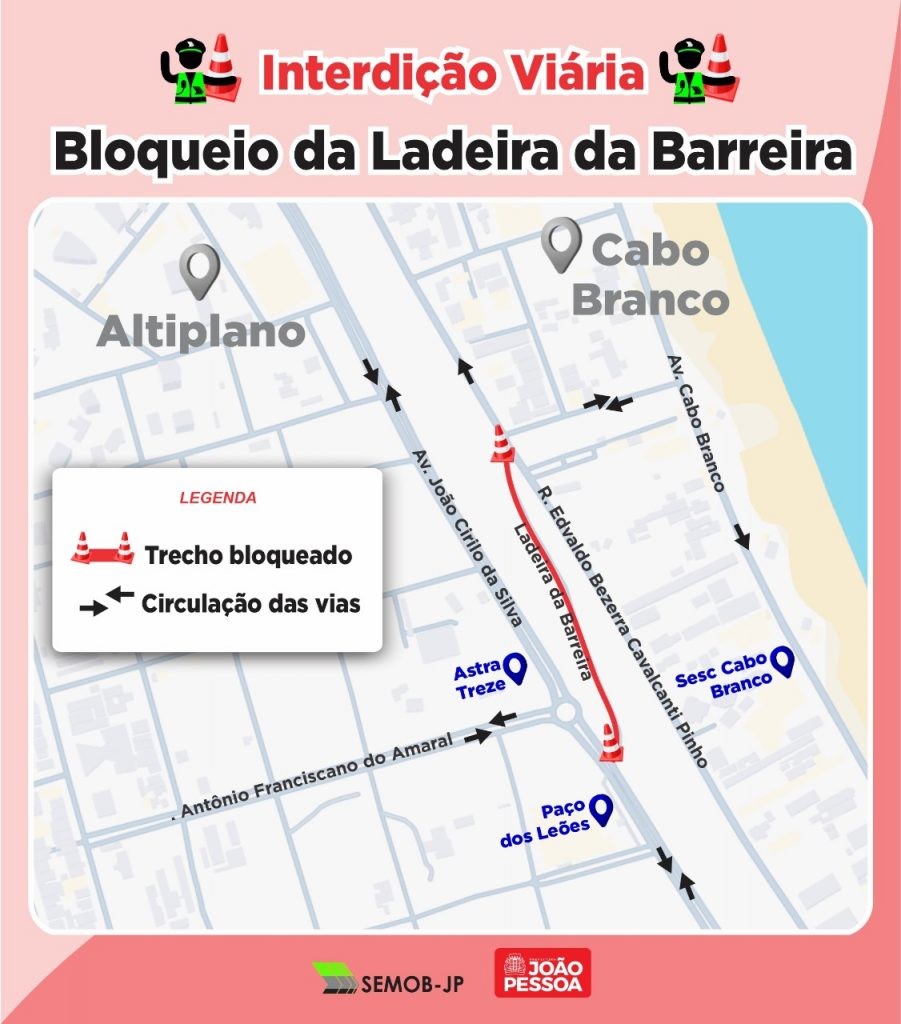 Ladeira entre Altiplano e Cabo Branco, em João Pessoa, é interditada para avaliação da estabilidade de barreira