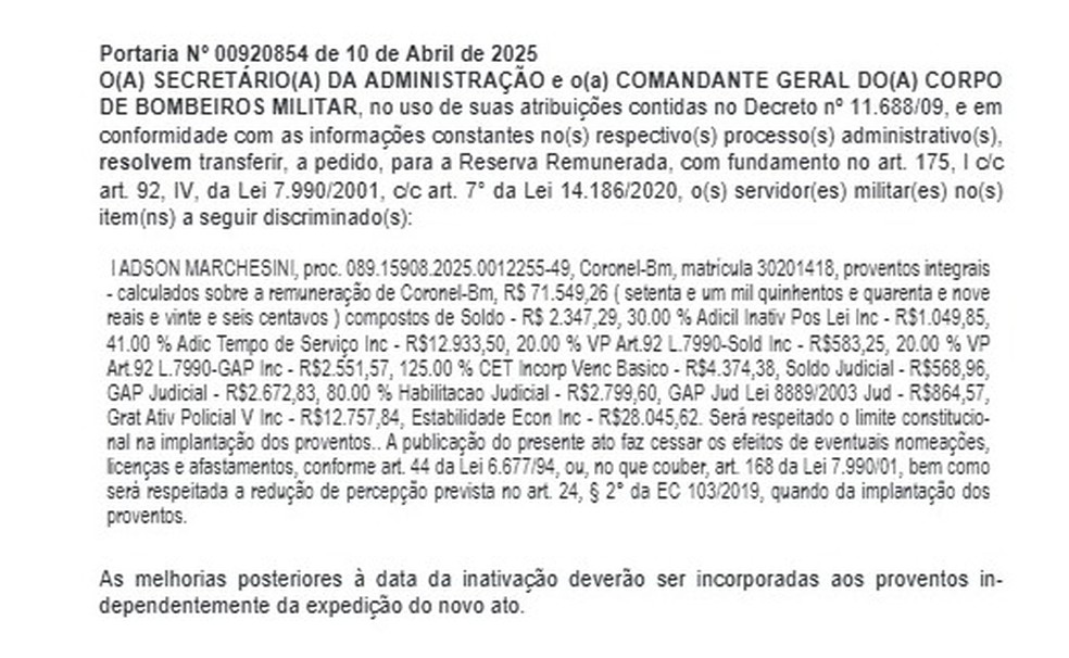 Ex-comandante-geral do Corpo de Bombeiros da Bahia é aposentado com remuneração de R$ 71 mil após ser exonerado — Foto: Reprodução/DOE