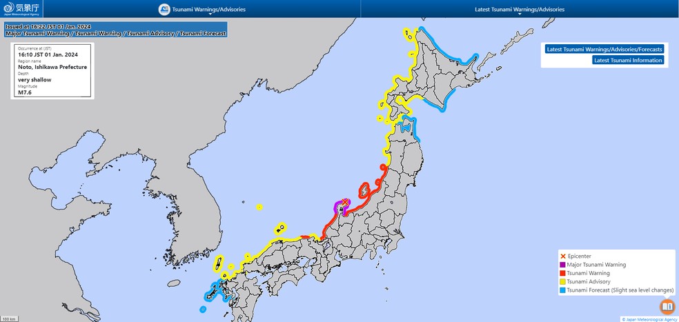 Mapa da Agência Meteorológica do Japão mostra áreas de risco por tsunami, em 1º de janeiro de 2024.  — Foto: Agência Meteorológica do Japão