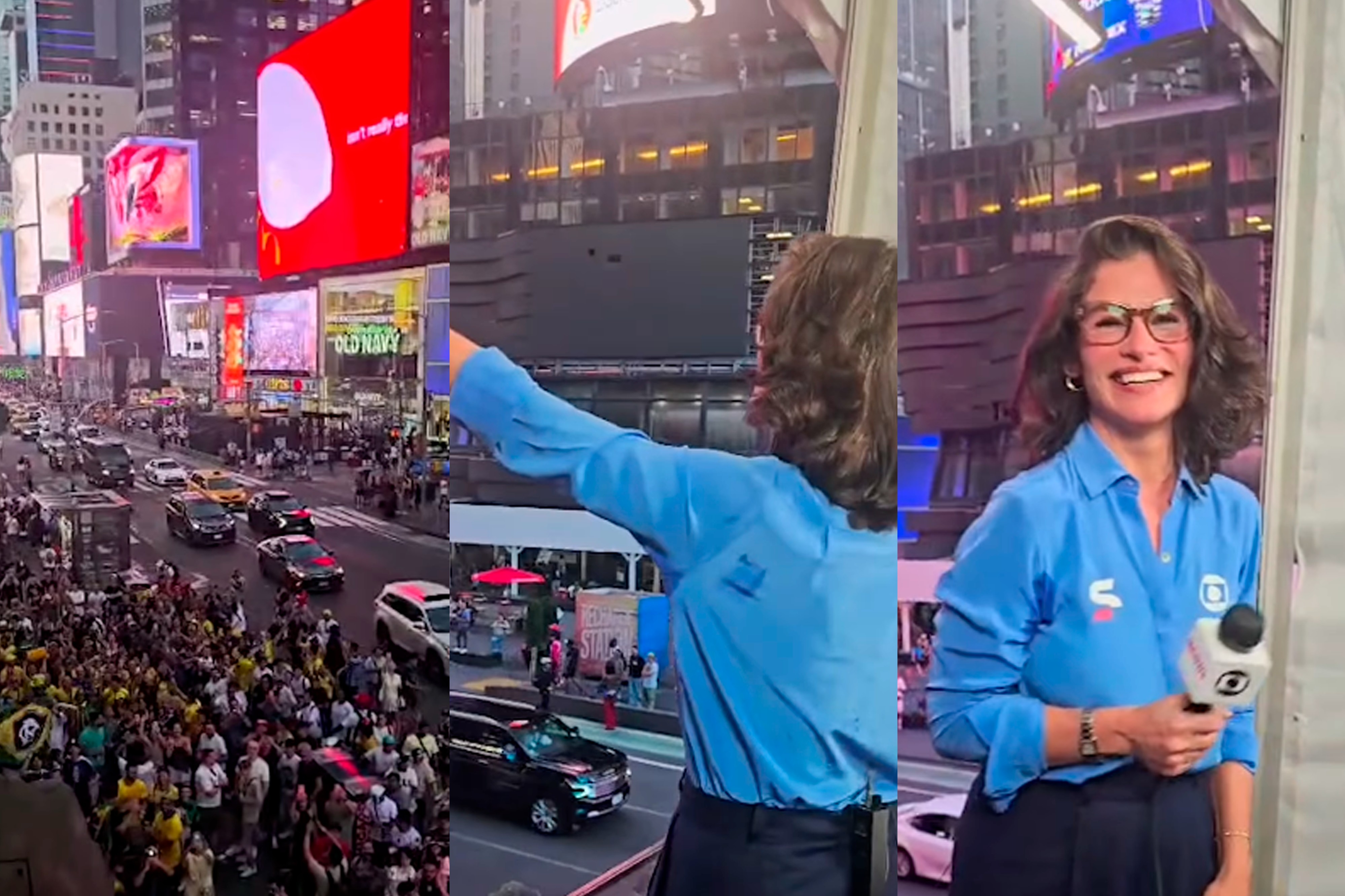 Brasileiros cantam parabéns para Renata Vasconcellos embaixo do estúdio do Jornal Nacional em NY