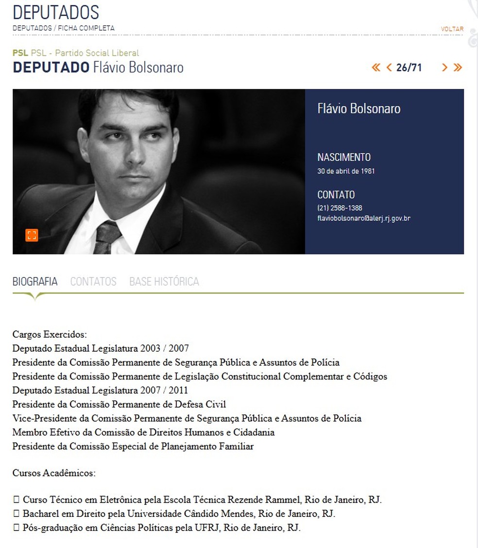 Perfil biográfico do então deputado Flávio Bolsonaro no site a Alerj — Foto: Reprodução