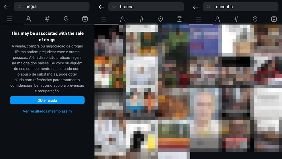 Buscas no Instagram e no Threads pela palavra 'negra' mostram alerta sobre possível associação com venda de drogas, mas o mesmo não acontece com pesquisas pelas palavras 'branca' e 'maconha' — Foto: Reprodução/Instagram